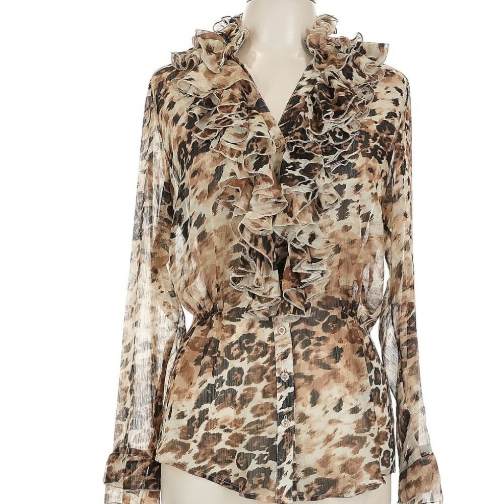 Vintage Spiegel Double Ruffle Neckline Long Sleeved Leopard Print Blouse